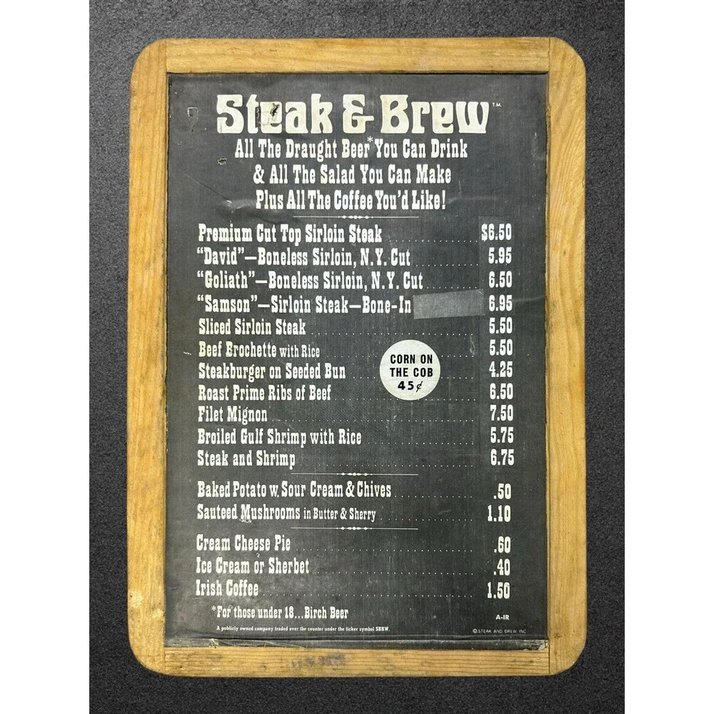Vintage 1970’s Steak & Brew Restaurant Menu - Wood Frame Paper On Slate